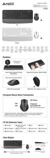 A4 TECH FG2500S Plus  BEYAZ 2.4GHz FN-MM Türkçe Q 3200DPI Klavye & Mouse Set